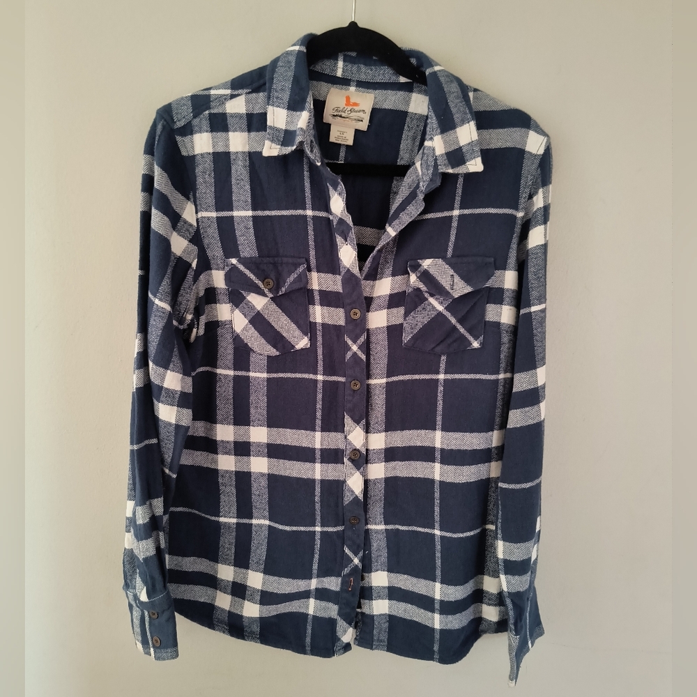 Field And Stream Navy Blue Cotton Flannel Plaid Shirt Size Large